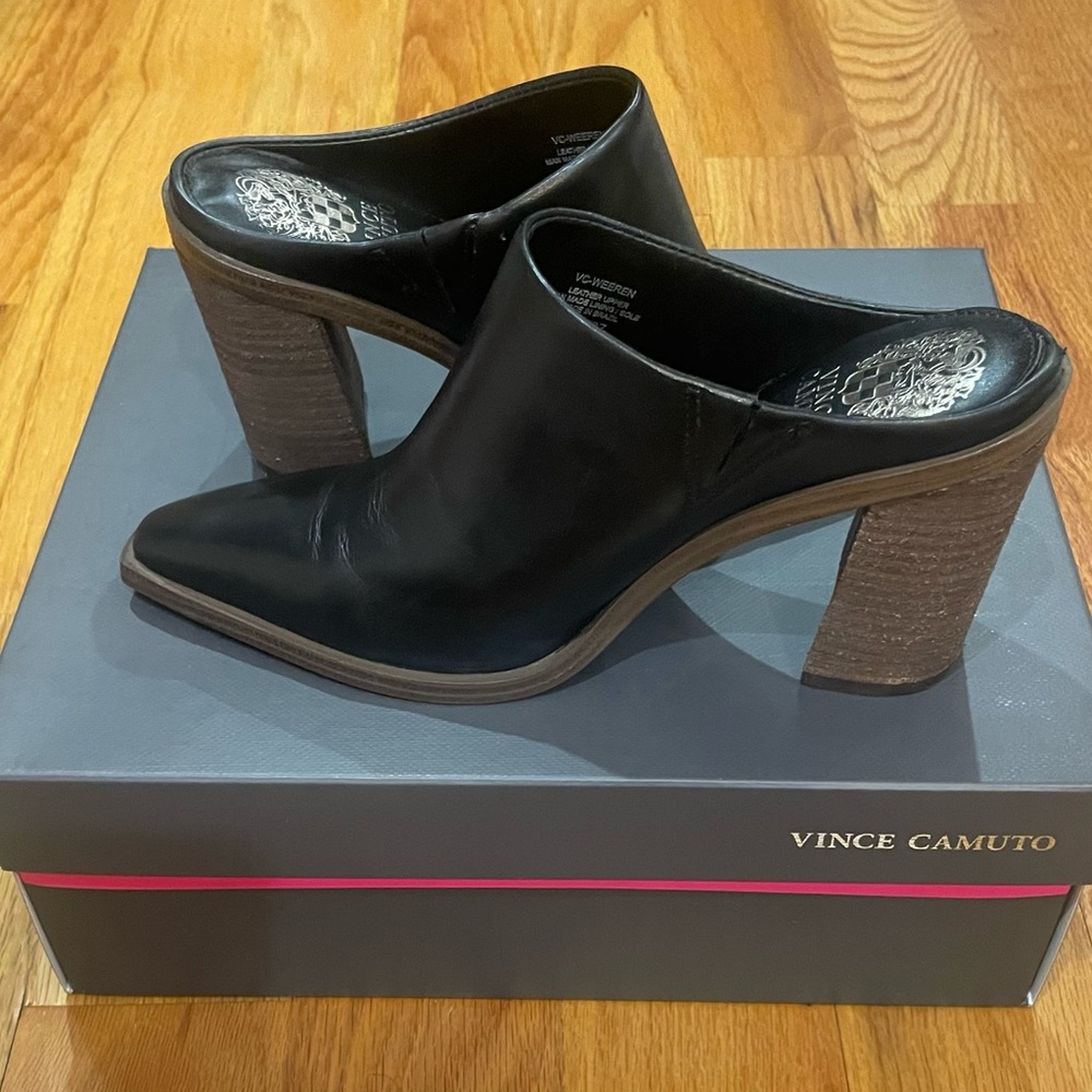 Vince Camuto Weeren Block Heel Mule, black leather, size 6.5, worn once